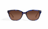 Image of Cheeterz Club eyewear. Photo of rectangle sunglasses with brown tinted lenses.  The frames are small width with blue and black color. Suitable for round, oval, and heart shaped face shapes. 