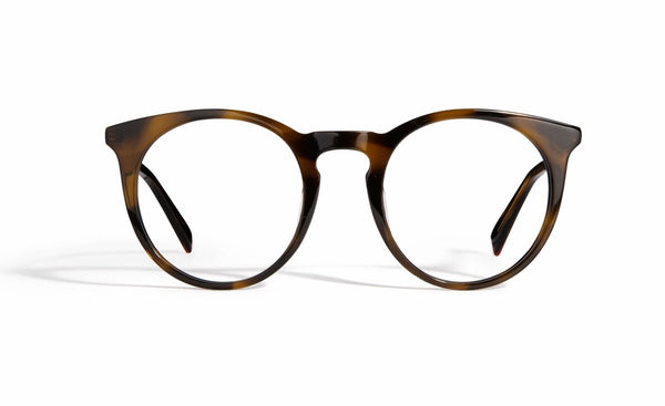 Image of Cheeterz Club eyewear. Photo of retro classic round eyeglasses with clear lenses and blue light blocking technology. The frames are medium width and light and dark brown color. Suitable for square, oval, and oblong face shapes. These glasses can be used as reading glasses with blue light glasses.