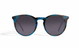 Image of Cheeterz Club eyewear. Photo of retro classic round sunglasses with gray tinted lenses. The frames are medium width and cobalt blue and black color with marble print. Suitable for square, oval, and oblong shaped face shapes. 