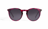 Image of Cheeterz Club eyewear. Photo of retro classic round sunglasses with gray tinted lenses. The frames are medium width and mulberry, brown, and purple color with marble print. Suitable for square, oval, and oblong shaped face shapes. 