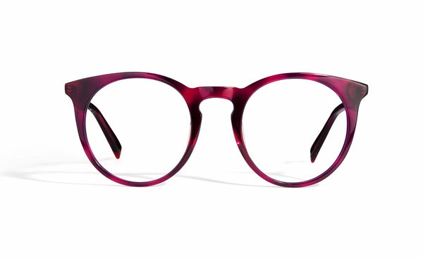 Image of Cheeterz Club eyewear. Photo of retro classic round eyeglasses with clear lenses and blue light blocking technology. The frames are medium width and mulberry, brown, and purple color with marble print. Suitable for square, oval, and oblong face shapes. These glasses can be used as reading glasses with blue light glasses.
