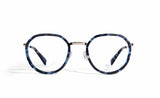 Image of Cheeterz Club eyewear. Photo of round eyeglasses with clear lenses and blue light blocking technology. The frames are small width and blue, gray, and black color and a stainless steel frame front. Suitable for square, oval, and oblong face shapes. These glasses can be used as reading glasses with blue light glasses.