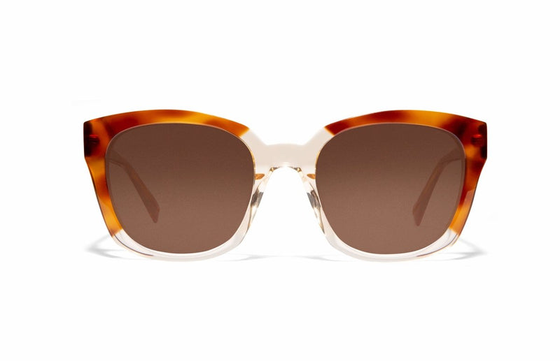 Image of Cheeterz Club eyewear. Photo of square sunglasses with brown tinted lenses.  The frames are wide width and custom laminated shades of honey, golden brown, and nude color with clear bottoms. Suitable for round, oval, and heart  shaped face shapes. 