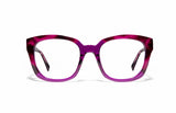Image of Cheeterz Club eyewear. Photo of square eyeglasses with clear lenses and blue light blocking technology. The frames are wide width and custom laminated colors of fuchsia, mulberry, and black with purple bottoms. Suitable for round, oval, and heart face shapes. These glasses can be used as reading glasses with blue light glasses.
