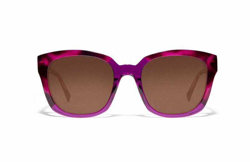 Image of Cheeterz Club eyewear. Photo of square sunglasses with brown tinted lenses.  The frames are wide width and custom laminated colors of fuchsia, mulberry, and black with purple bottoms. Suitable for round, oval, and heart  shaped face shapes. 
