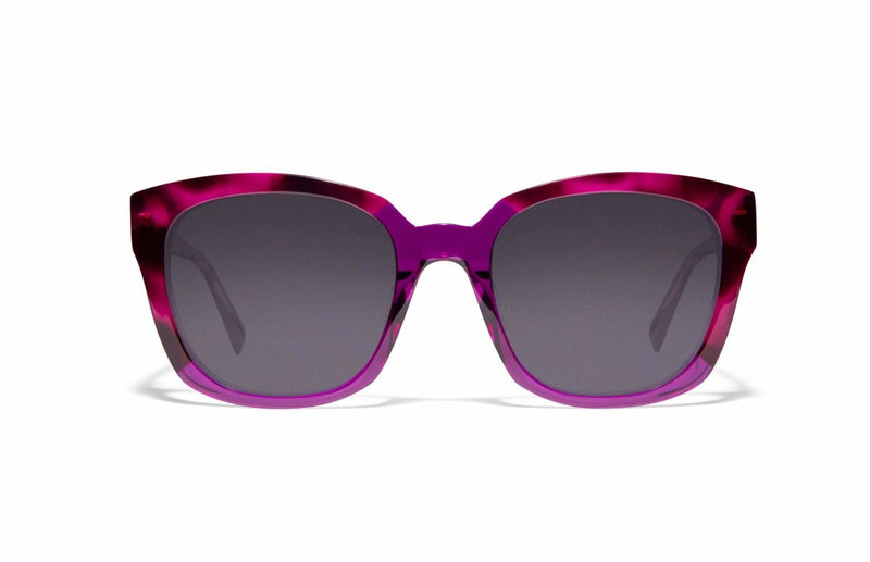 Image of Cheeterz Club eyewear. Photo of square sunglasses with gray tinted lenses.The frames are wide width and custom laminated colors of fuchsia, mulberry, and black with purple bottoms. Suitable for round, oval, and heart shaped face shapes. 