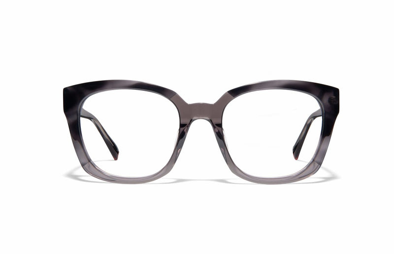Image of Cheeterz Club eyewear. Photo of square eyeglasses with clear lenses and blue light blocking technology. The frames are wide width and custom laminated colors of black, gray, and silver with gray bottoms. Suitable for round, oval, and heart face shapes. These glasses can be used as reading glasses with blue light glasses.