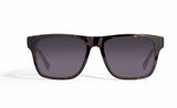 Image of Cheeterz Club eyewear. Photo of square sunglasses with gray tinted lenses. The frames are wide width with espresso and golden brown color.  Suitable for round, oval, and square face shapes. 