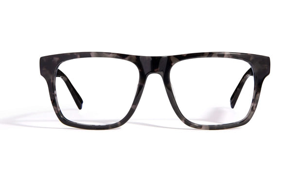 Image of Cheeterz Club eyewear. Photo of chunky square eyeglasses with clear lenses and blue light blocking technology. The frames are wide width with gray and black color. Suitable for round, oval, and square face shapes. These glasses can be used as reading glasses with blue light glasses.